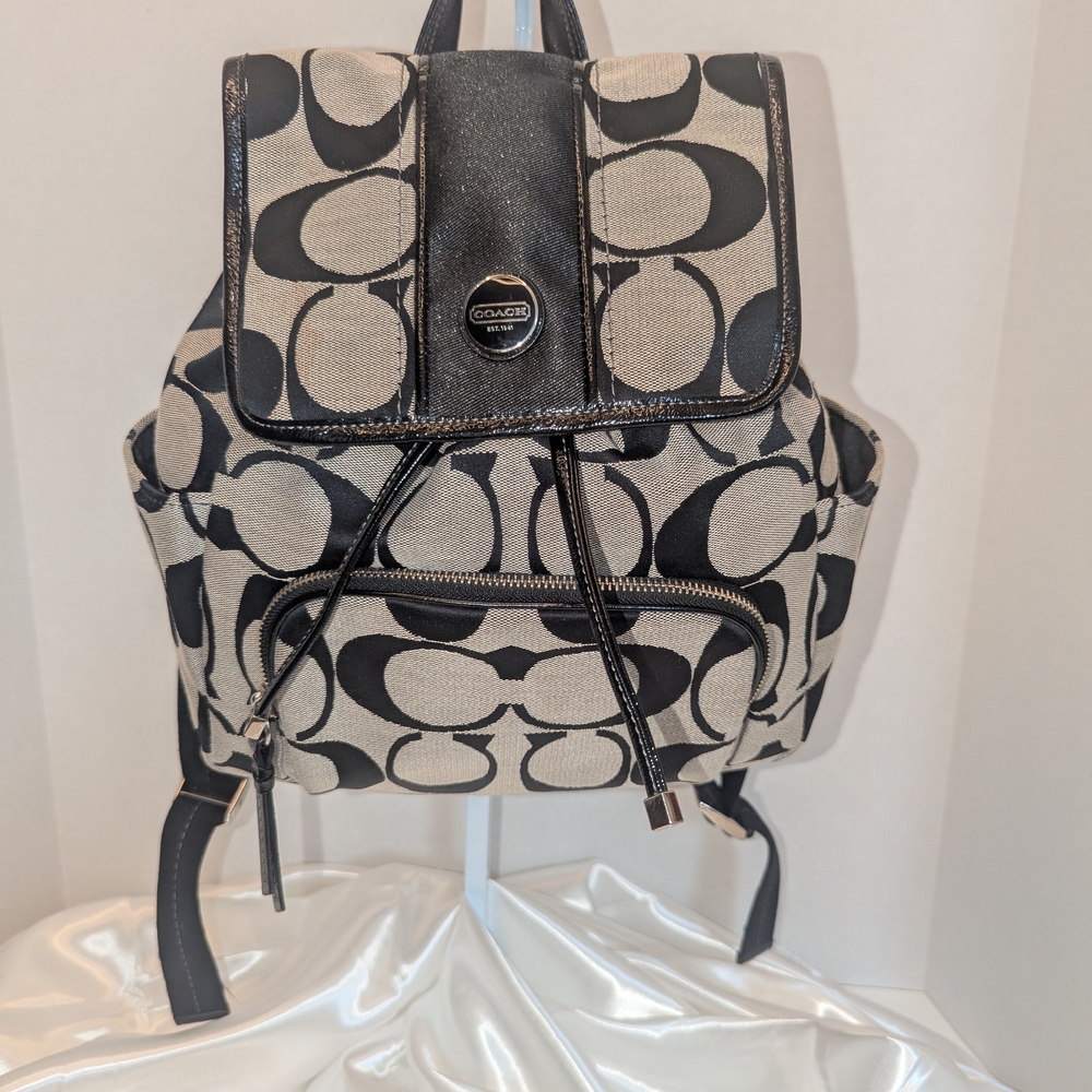 Coach Black and Cream Backpack with Signature Monogram